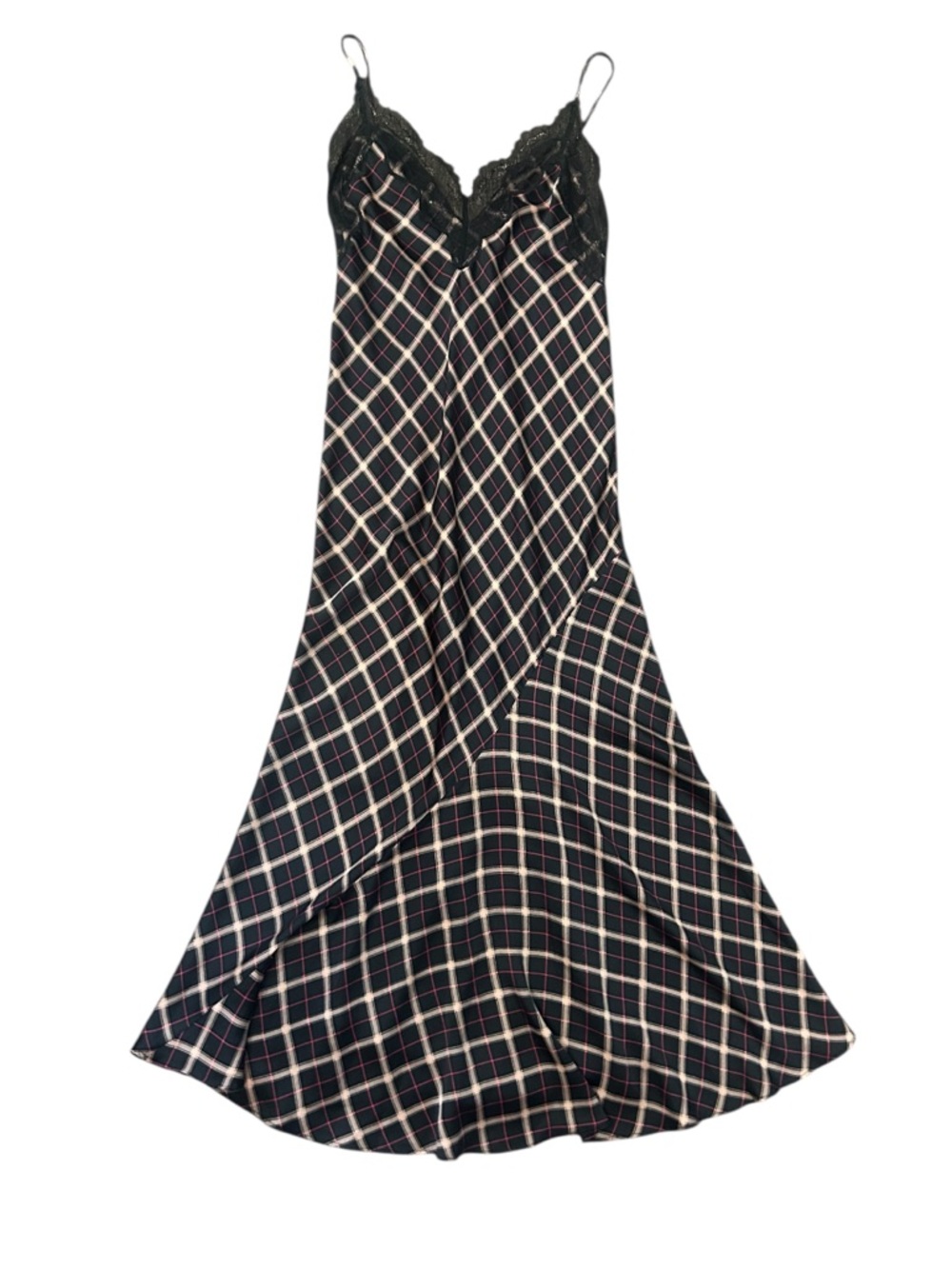 Victoria's Secret Black Plaid Lace-Trimmed Satin Slip, Medium